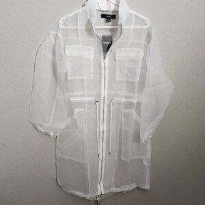 Forever 21 Zip-Up Jacket Medium Sheer White Drawstring Waist Pockets